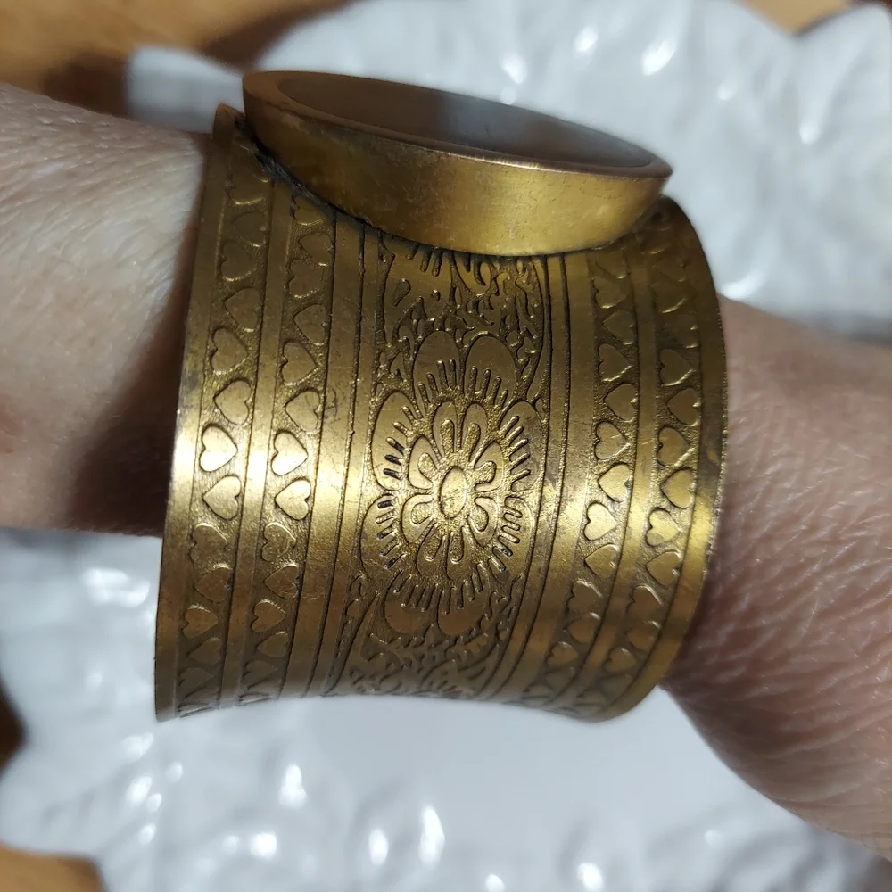 Textured Brass Cuff Design Bracelet w/ Beveled Oval Wood Center
